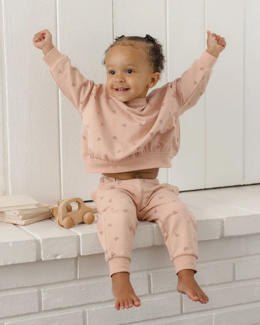 Quincy Mae Dusty Rose Hearts | Relaxed Sweatshirt + Sweatpant Set