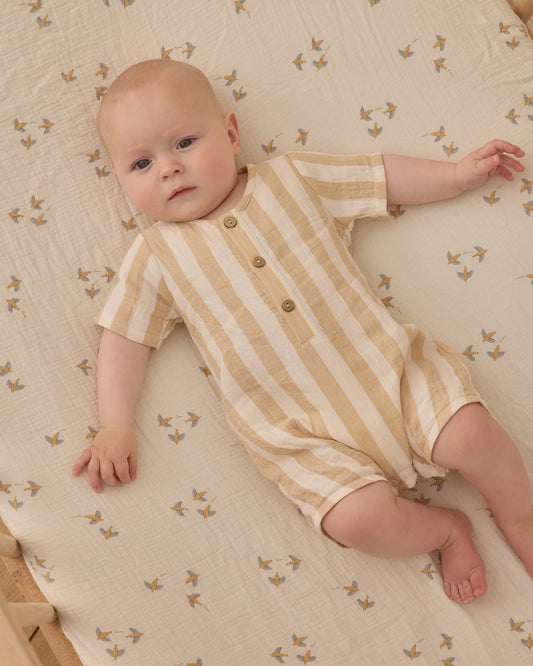 Quincy Mae Butterscotch Summer Stripe | Short Sleeve Woven Romper