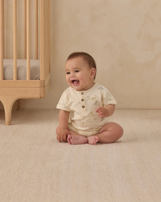 Quincy Mae Ivory Dinosaur | Short Sleeve One-Piece Romper