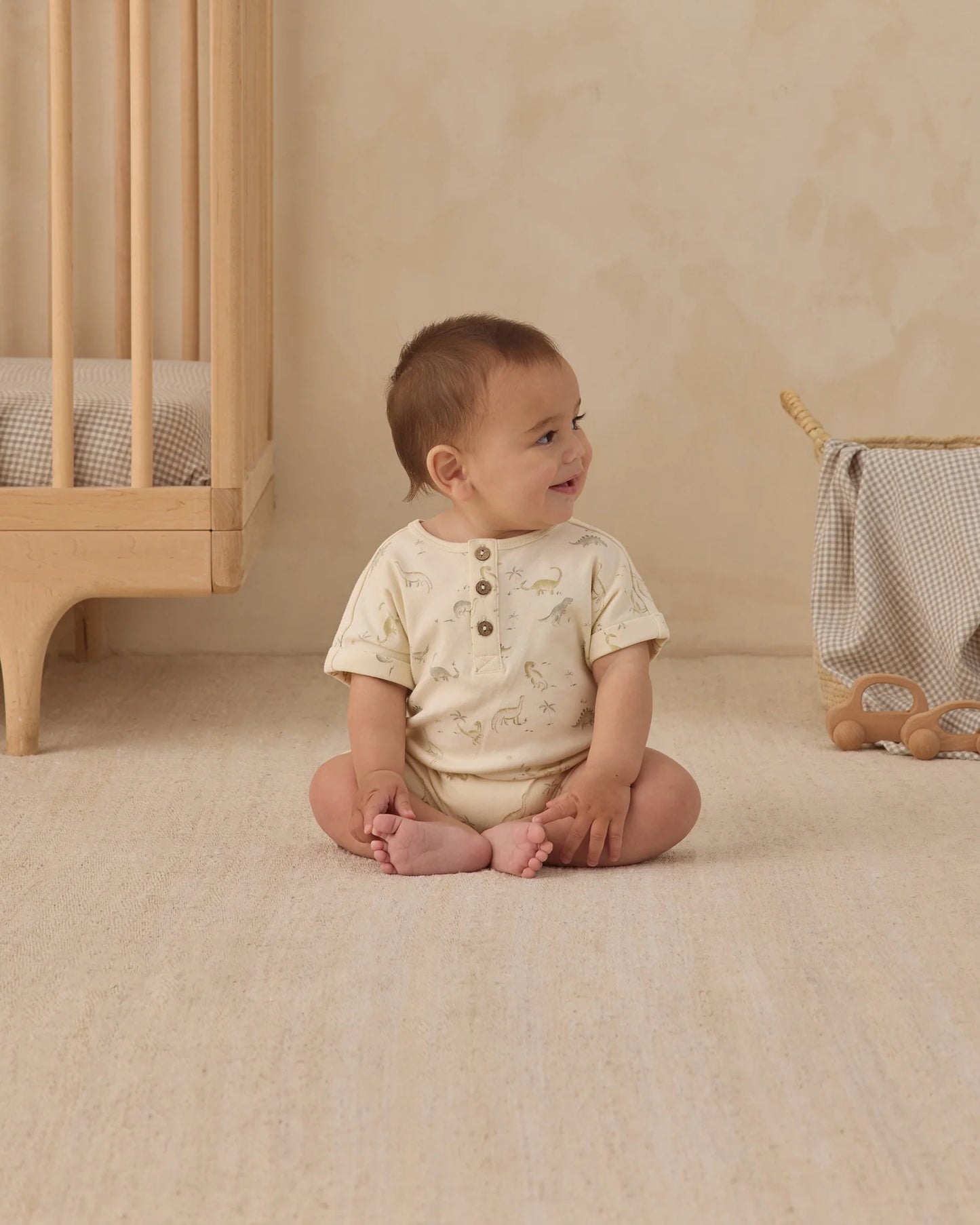 Quincy Mae Ivory Dinosaur | Short Sleeve One-Piece Romper