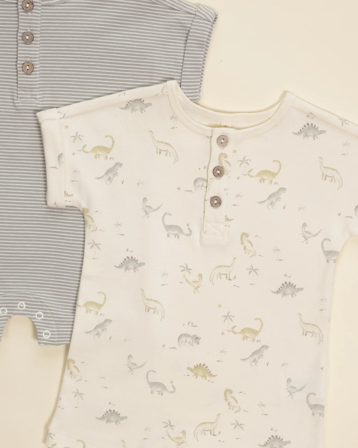 Quincy Mae Ivory Dinosaur | Short Sleeve One-Piece Romper