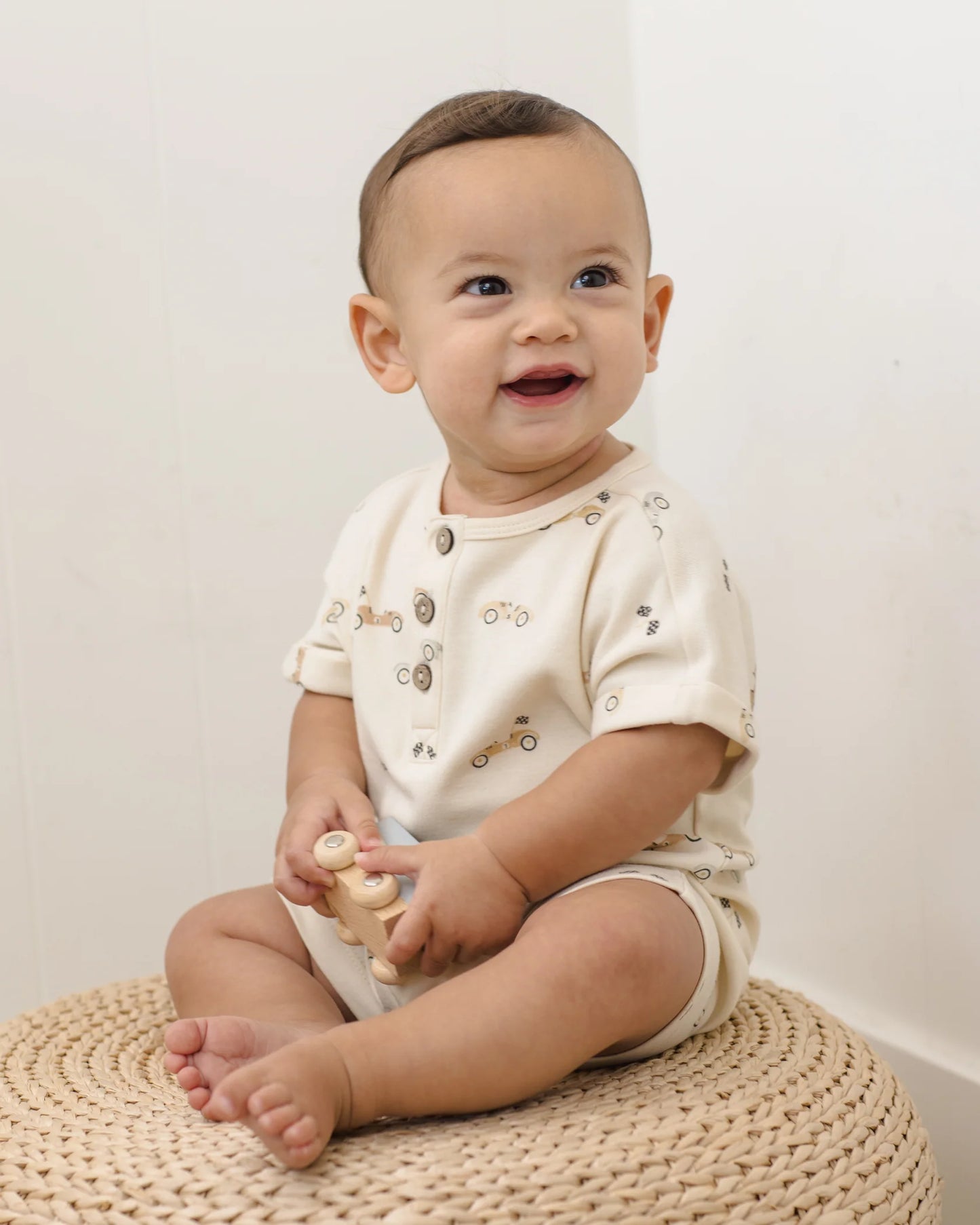Quincy Mae Natural Race Car | Short Sleeve One-Piece Romper