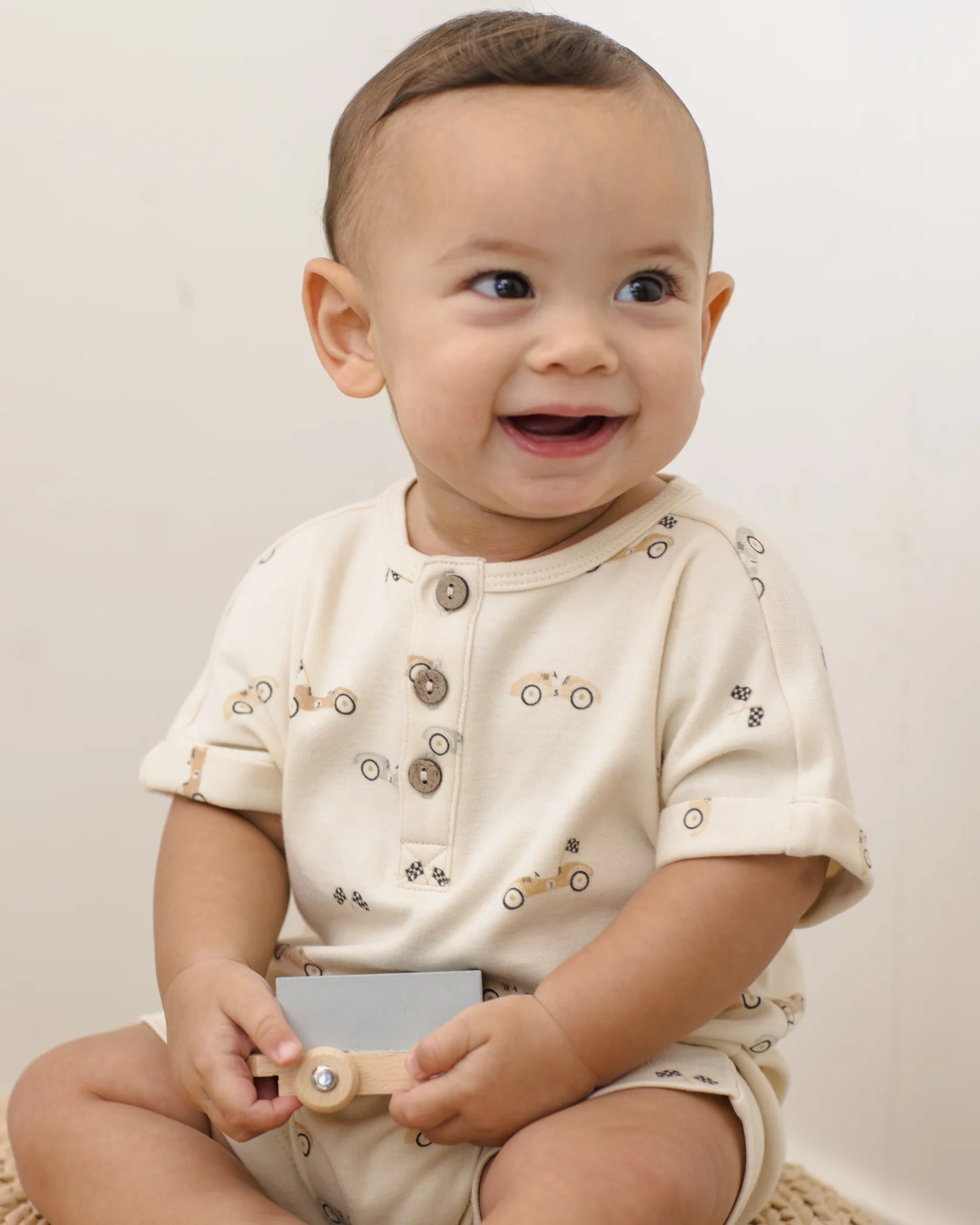 Quincy Mae Natural Race Car | Short Sleeve One-Piece Romper