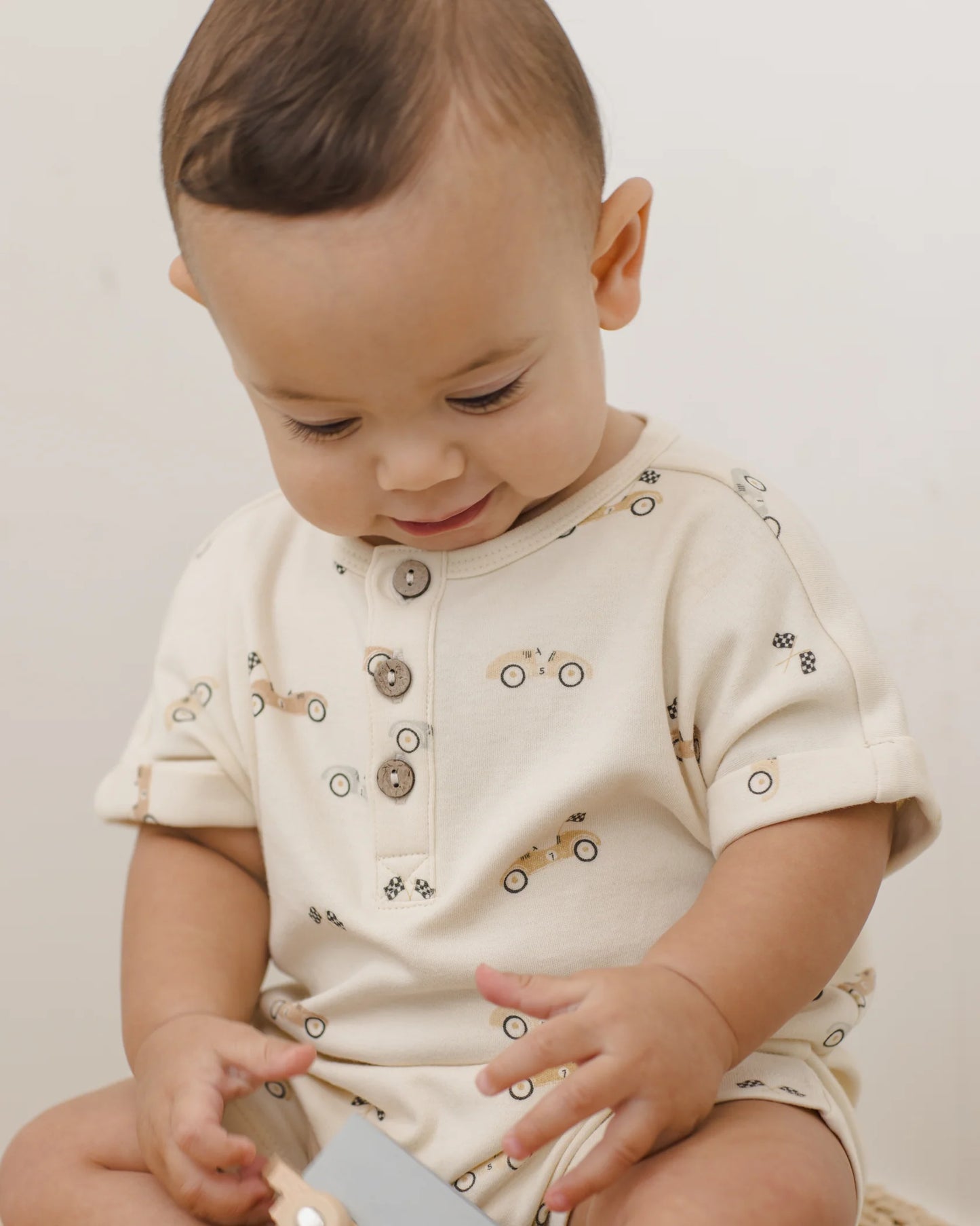 Quincy Mae Natural Race Car | Short Sleeve One-Piece Romper