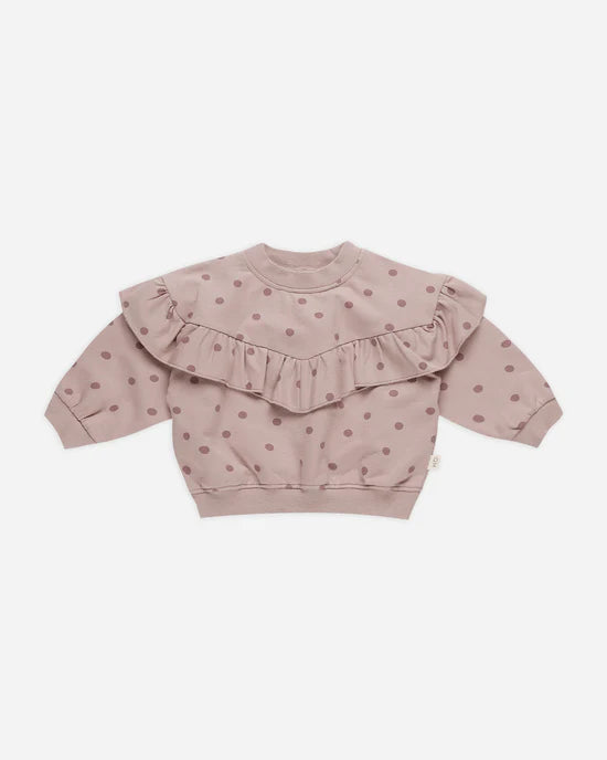 Quincy Mae Mauve Polka Dots | Ruffle Fleece Sweatshirt + Sweatpant Set