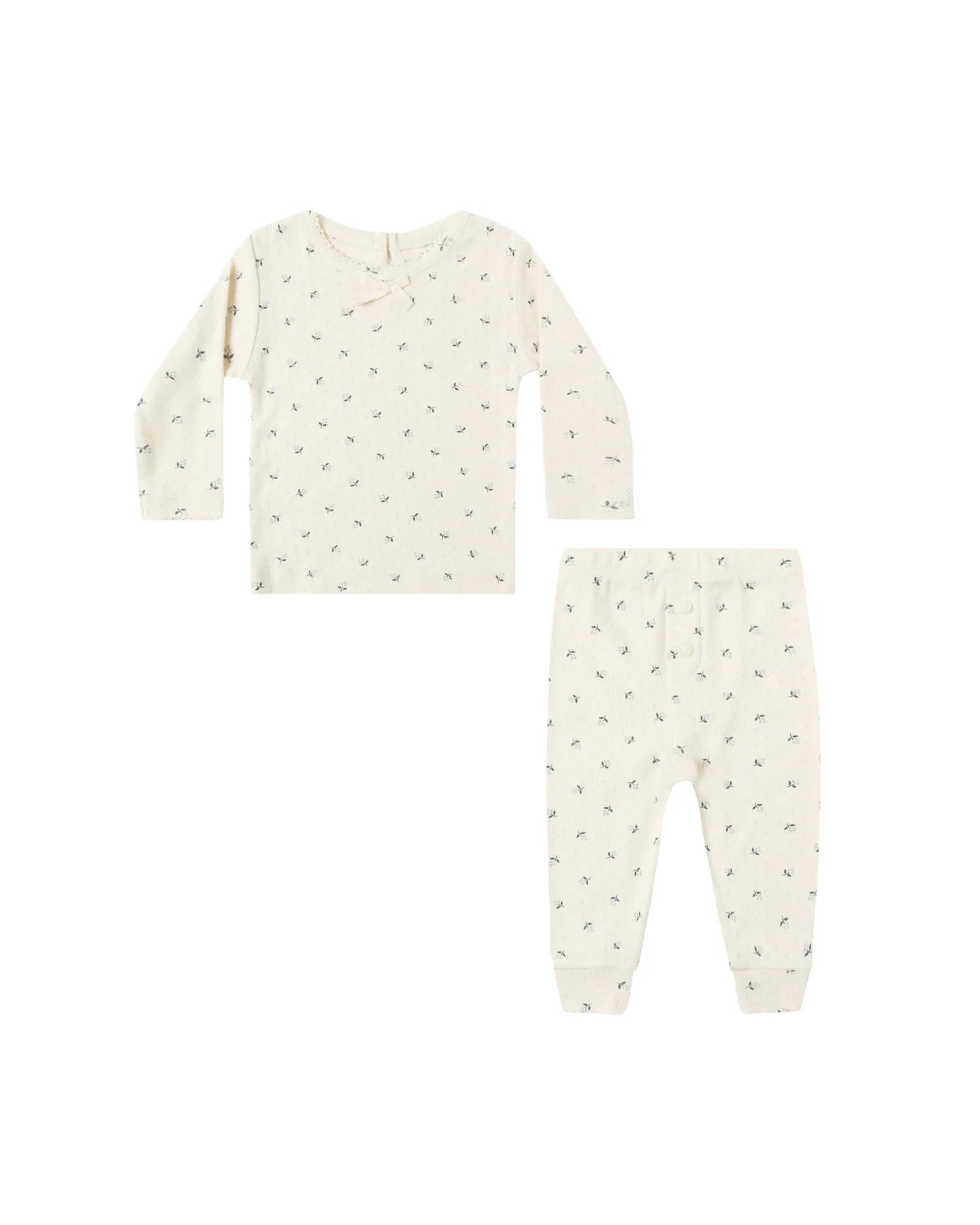 Quincy Mae Natural Blue Ditsy | Pointelle Long Sleeve Tee + Legging Set