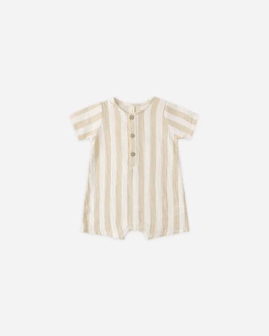Quincy Mae Butterscotch Summer Stripe | Short Sleeve Woven Romper