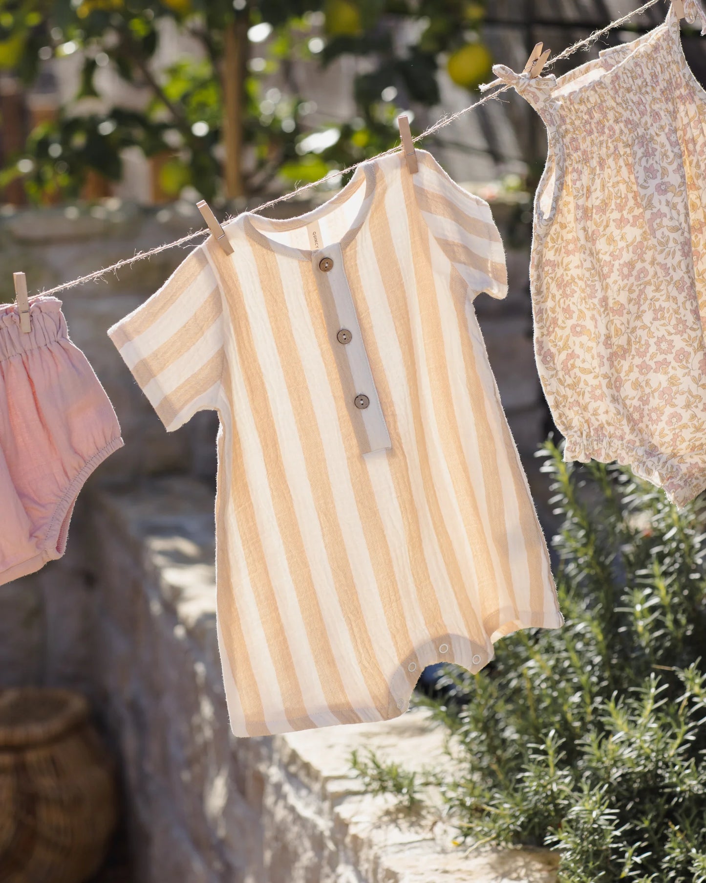 Quincy Mae Butterscotch Summer Stripe | Short Sleeve Woven Romper