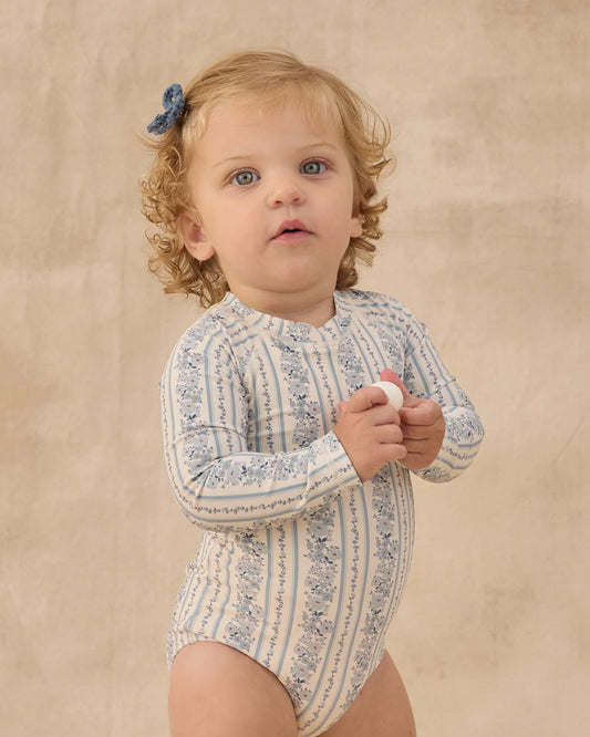 Rylee + Cru Natural Blue Floral | Delphine Rash Guard One-Piece Set