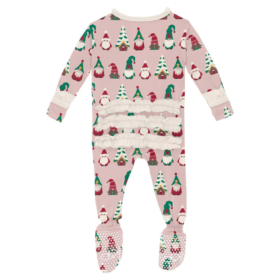 Kickee Baby Rose Gnomes | Print Muffin Ruffle Footie With 2 Way Zipper