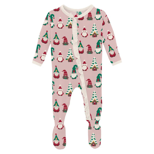 Kickee Baby Rose Gnomes | Print Muffin Ruffle Footie With 2 Way Zipper