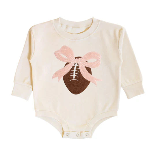 Sweet Wink Natural | Coquette Football Patch Long Sleeve Romper