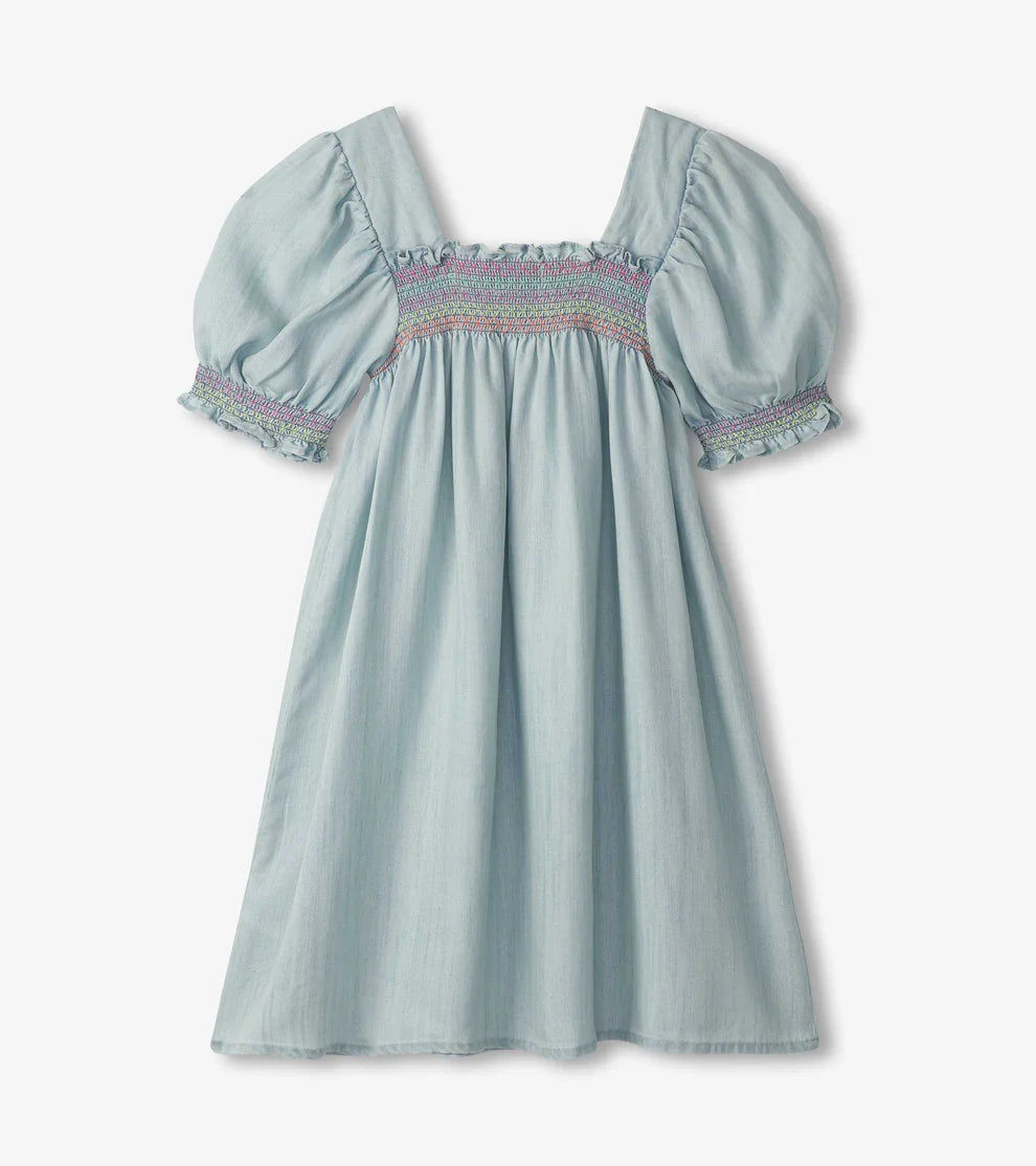 Hatley Soft Blue | Denim Puff Sleeve Smocked Dress