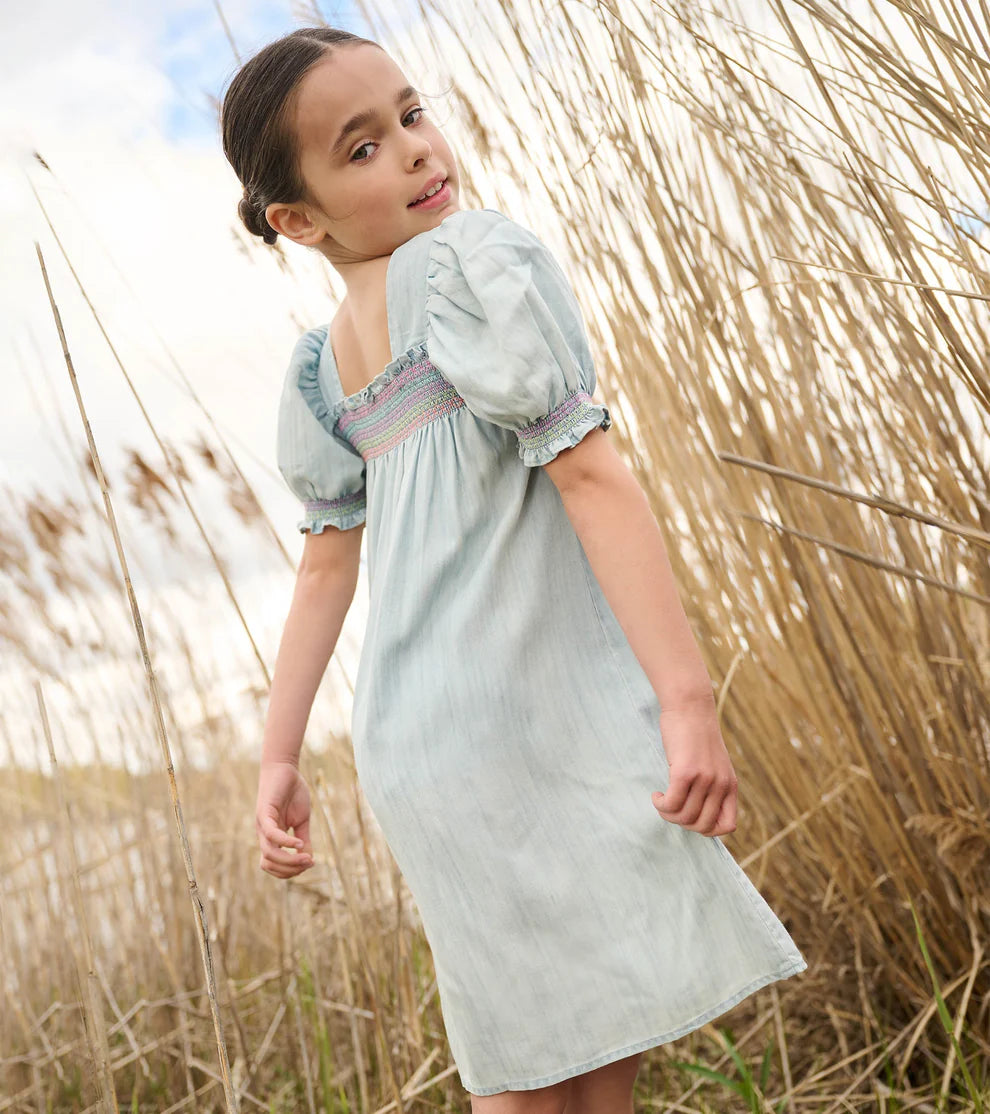 Hatley Soft Blue | Denim Puff Sleeve Smocked Dress