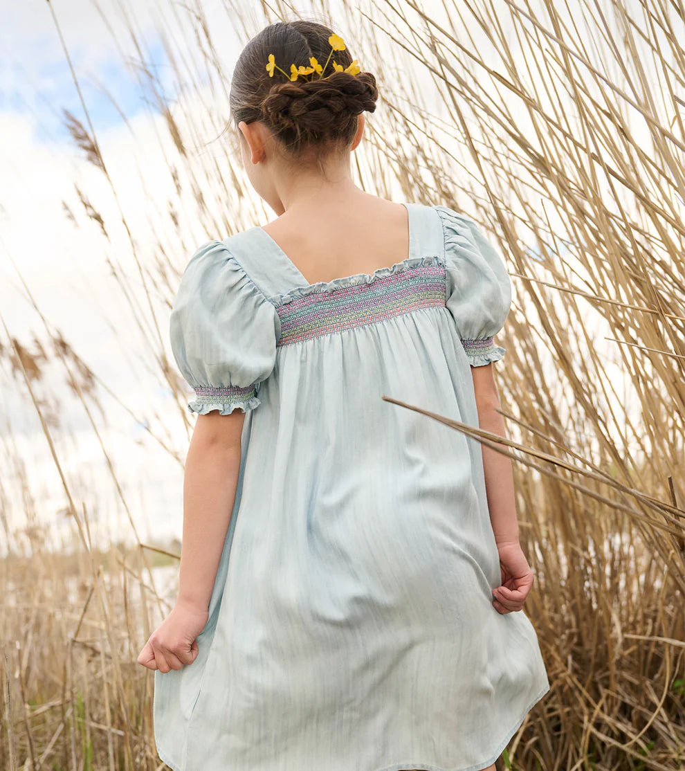 Hatley Soft Blue | Denim Puff Sleeve Smocked Dress