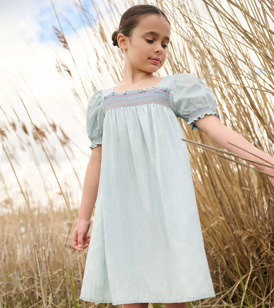 Hatley Soft Blue | Denim Puff Sleeve Smocked Dress