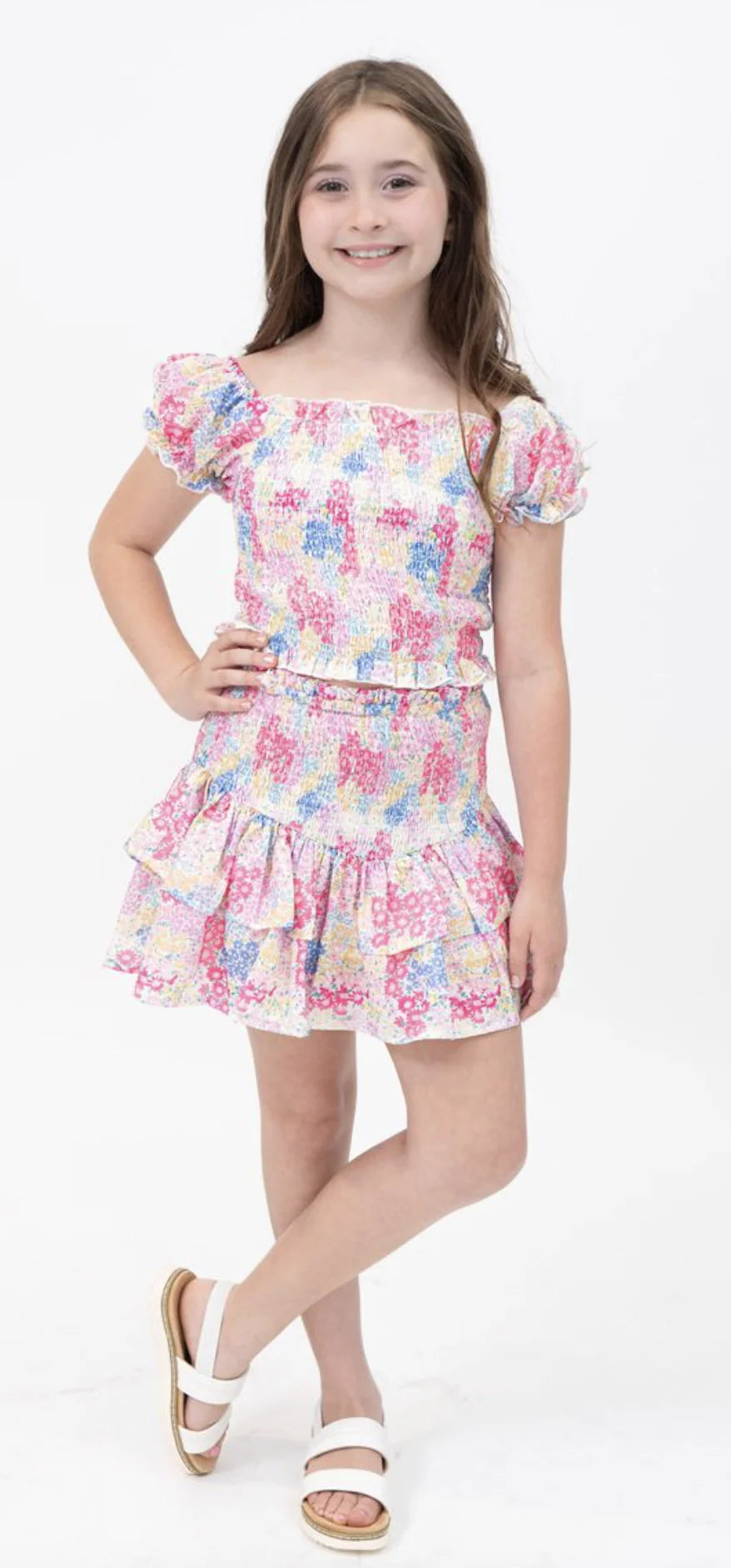Tweenstyle Multi Blooming Ditzy | Print Puff Elastic Sleeve Smocked Top & Skirt Set