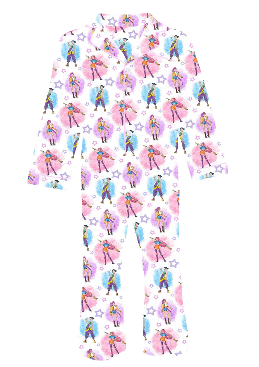 Tweenstyle White | K-Pop Print Long Sleeve Satin Loungewear Set