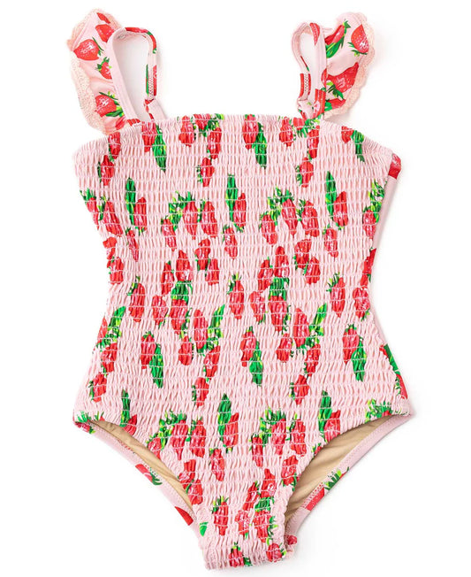 Shade Critters Pink Strawberry Bliss | 1 Piece Crochet Trim Smocked Swimsuit