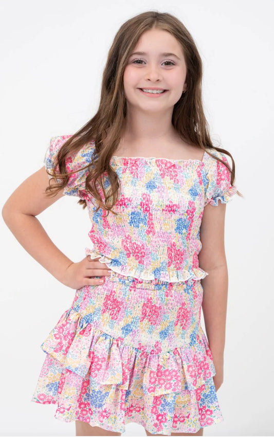 Tweenstyle Multi Blooming Ditzy | Print Puff Elastic Sleeve Smocked Top & Skirt Set