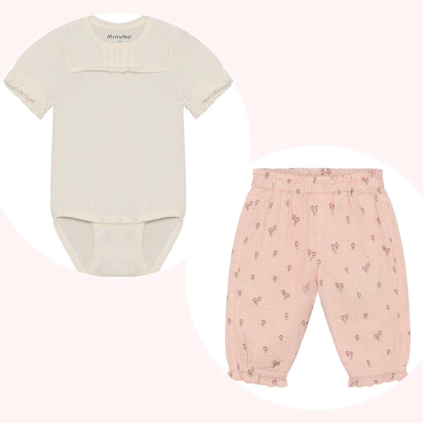 Minymo Vanilla Ice & Peach Blush | Short Sleeve Bodysuit & All Over Print Pant with Lining Set