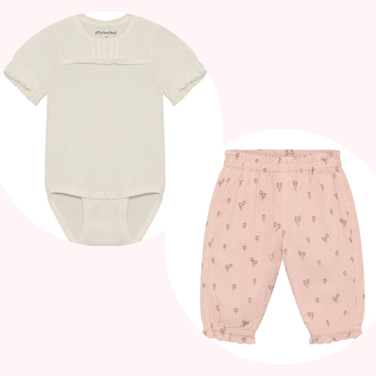 Minymo Vanilla Ice & Peach Blush | Short Sleeve Bodysuit & All Over Print Pant with Lining Set
