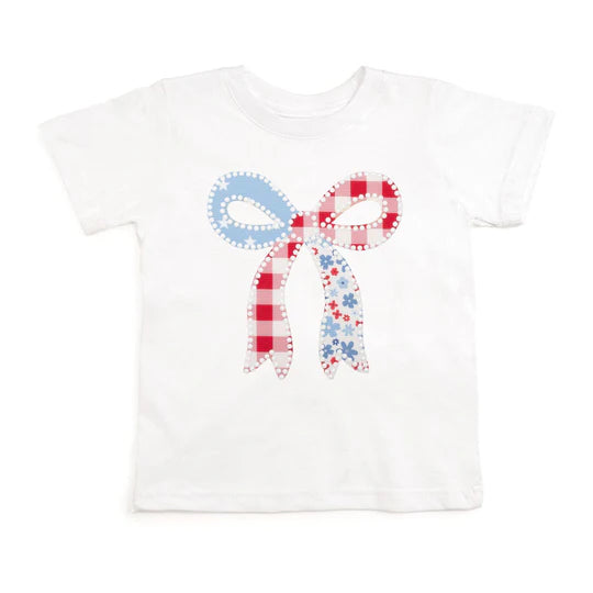 Sweet Wink White | Patchwork Bow Short Sleeve T-Shirt