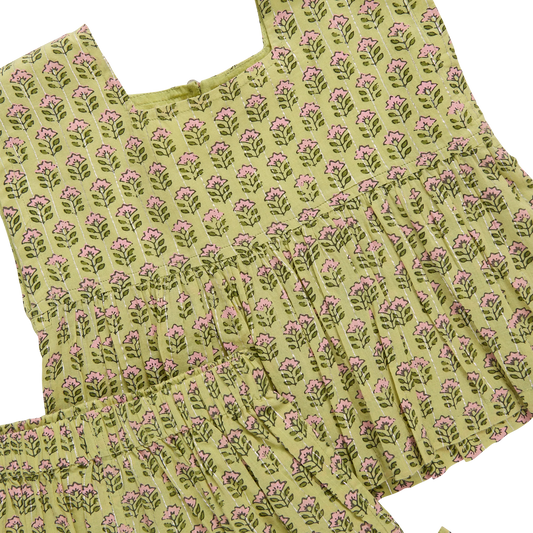Pink Chicken Green Prairie Block Print | Kamari Top