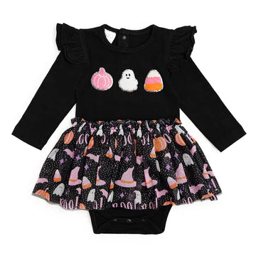 Sweet Wink Black Multi | Boo Halloween Long Sleeve Tutu Bodysuit