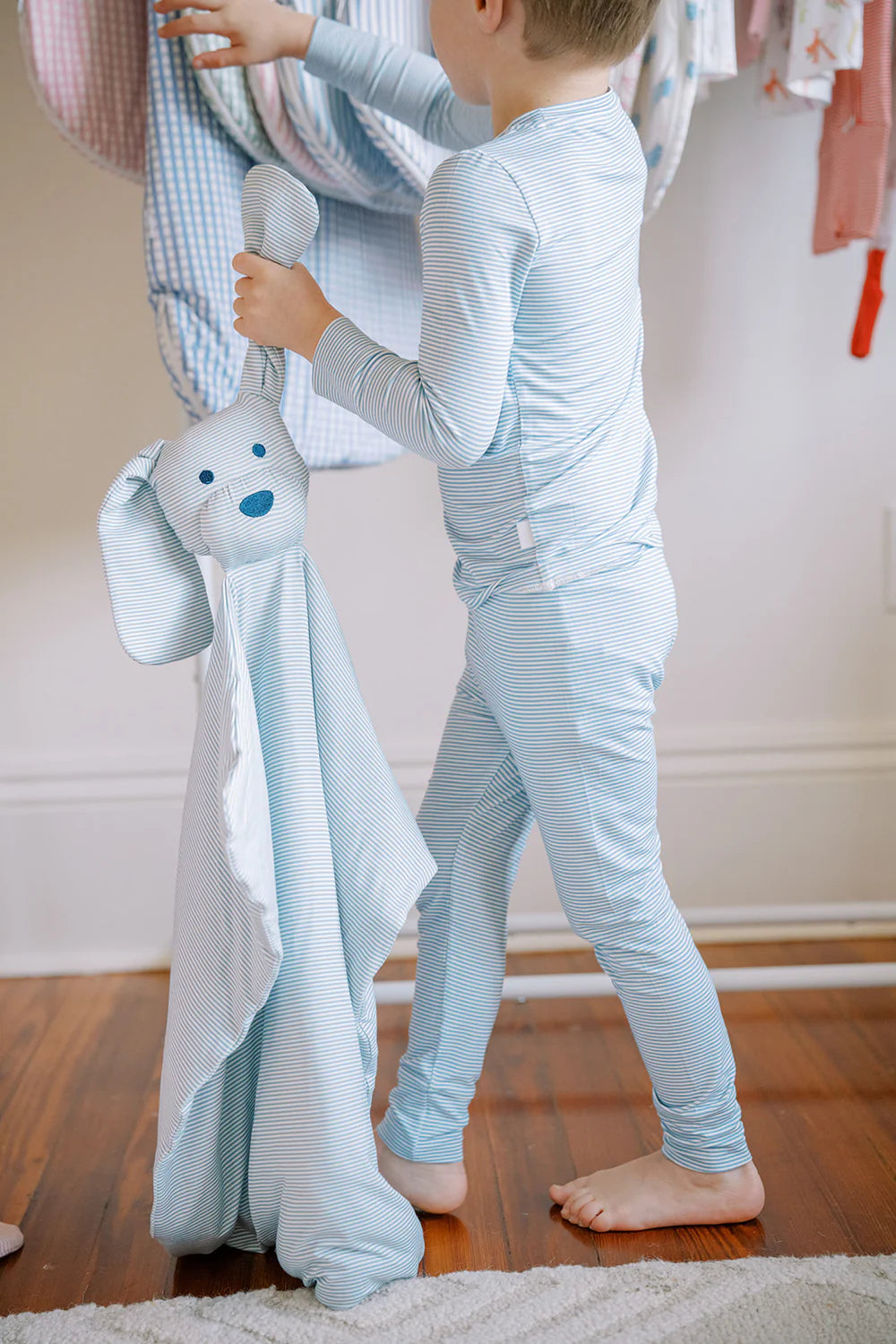 Uptown Baby Dusty Blue | Mini Stripe Dog Lovey Blanket + Paci Clip Holder