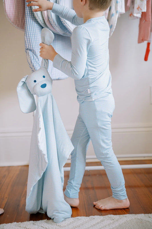 Uptown Baby Dusty Blue | Mini Stripe Dog Lovey Blanket + Paci Clip Holder