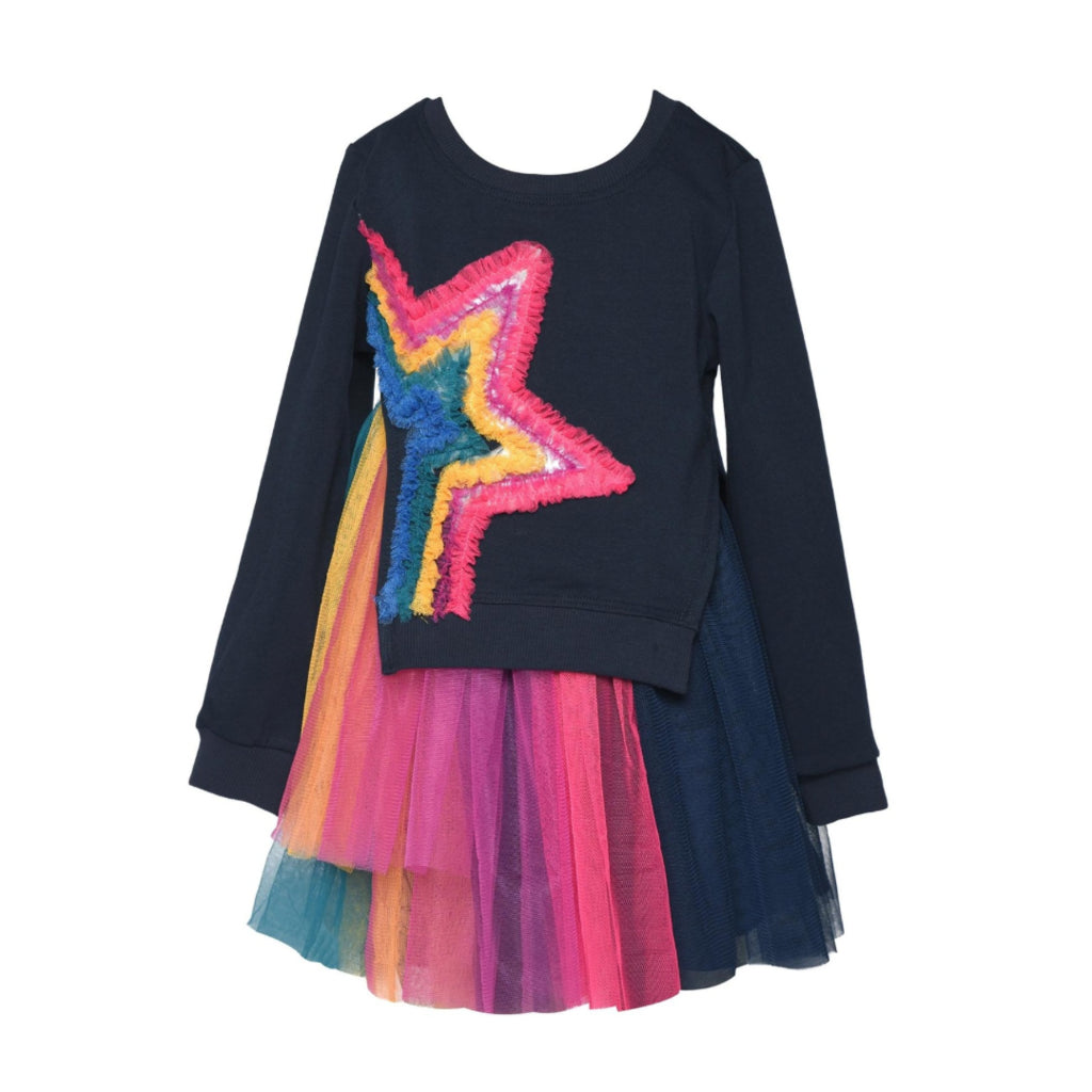 Baby Sara Navy Multi | Twofer Dress With Rainbow Mesh Star & Tutu Skirt