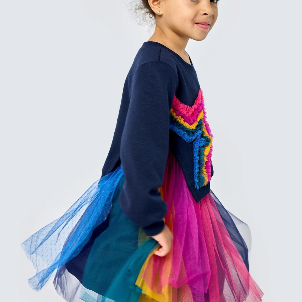 Baby Sara Navy Multi | Twofer Dress With Rainbow Mesh Star & Tutu Skirt