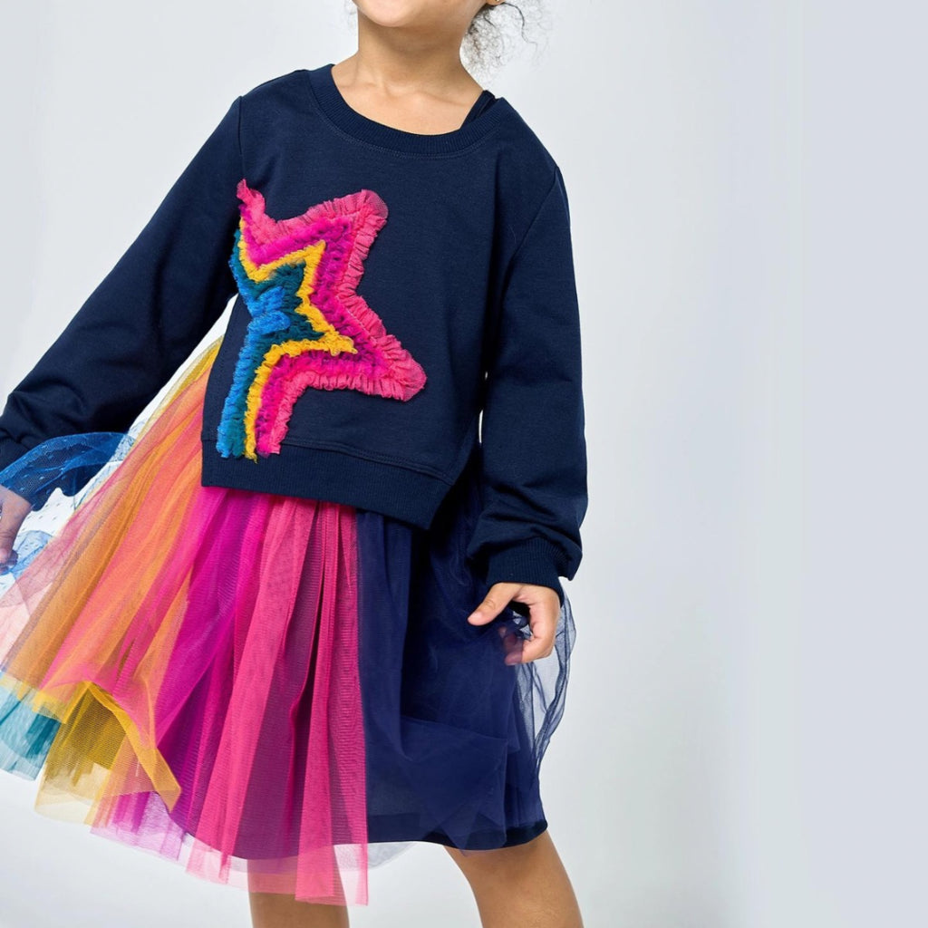 Baby Sara Navy Multi | Twofer Dress With Rainbow Mesh Star & Tutu Skirt