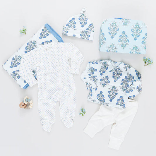 Pink Chicken Blue Bouquet Floral Block | Nesting Box Baby Take Home Set