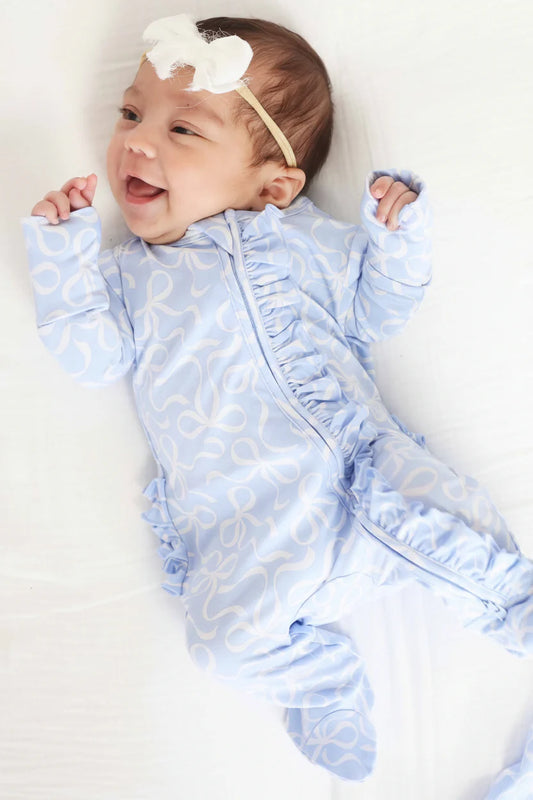 Caden Lane Blue | Blue-Tiful Bows Ruffle Zipper Footie