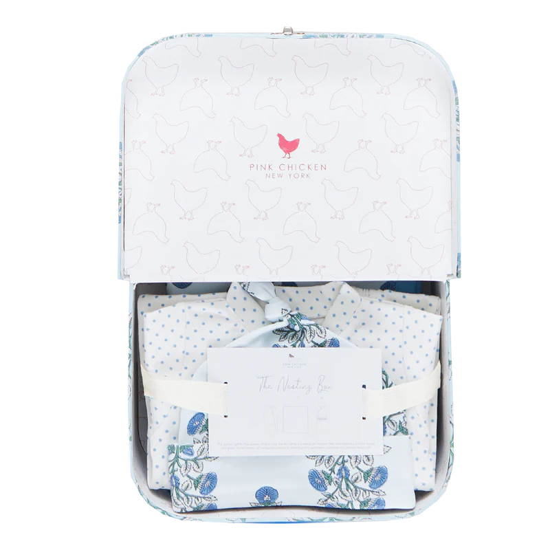 Pink Chicken Blue Bouquet Floral Block | Nesting Box Baby Take Home Set