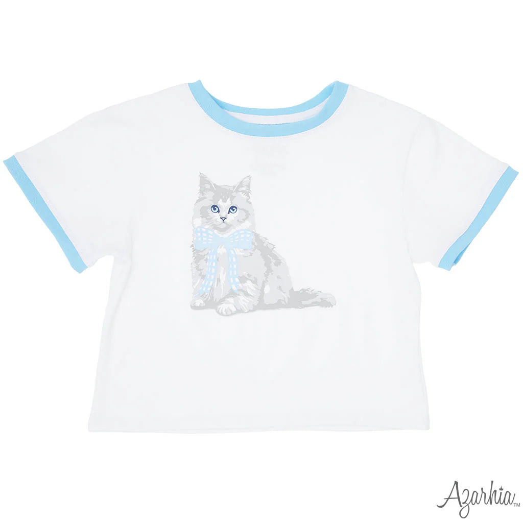 Azarhia White | Blue Gingham Bow Kitty Ringer Boxy T-Shirt