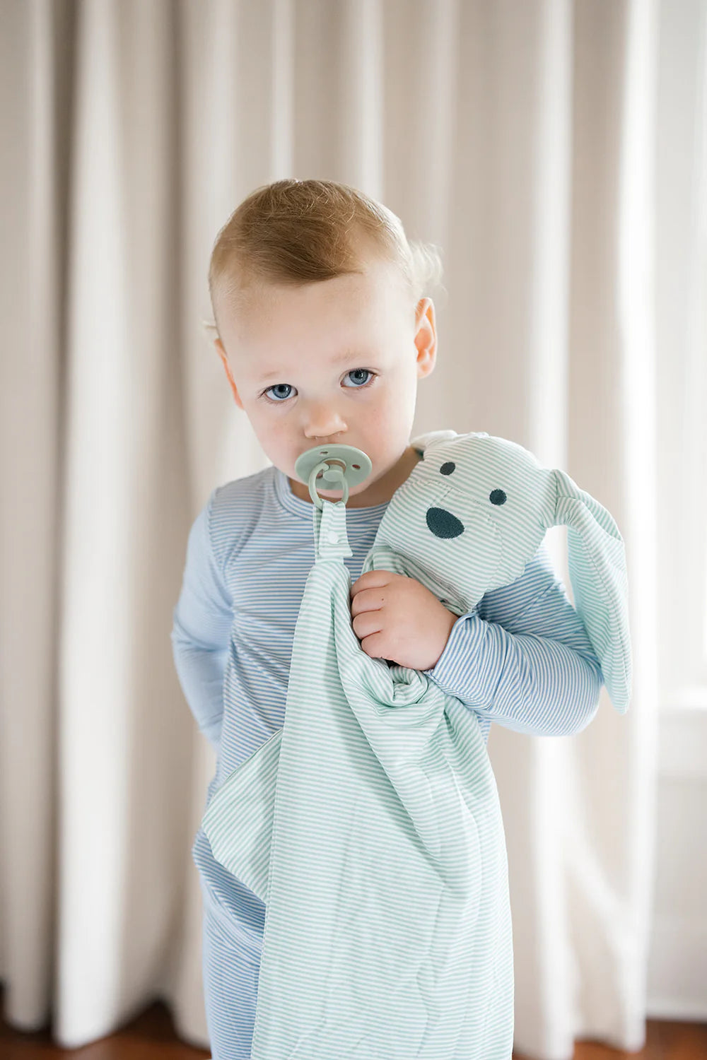 Uptown Baby Pistachio Green | Mini Stripe Dog Lovey Blanket + Paci Clip Holder