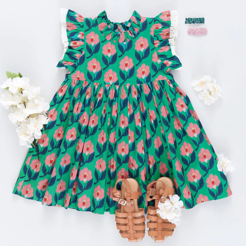 Pink Chicken Green Ikat Floral | Leila Dress