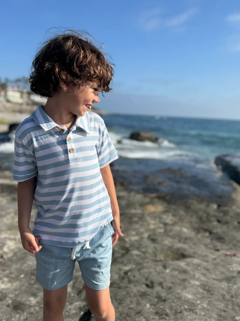 Me & Henry Pale Chambray & White | Shipping Stripe Printed Polo Tee