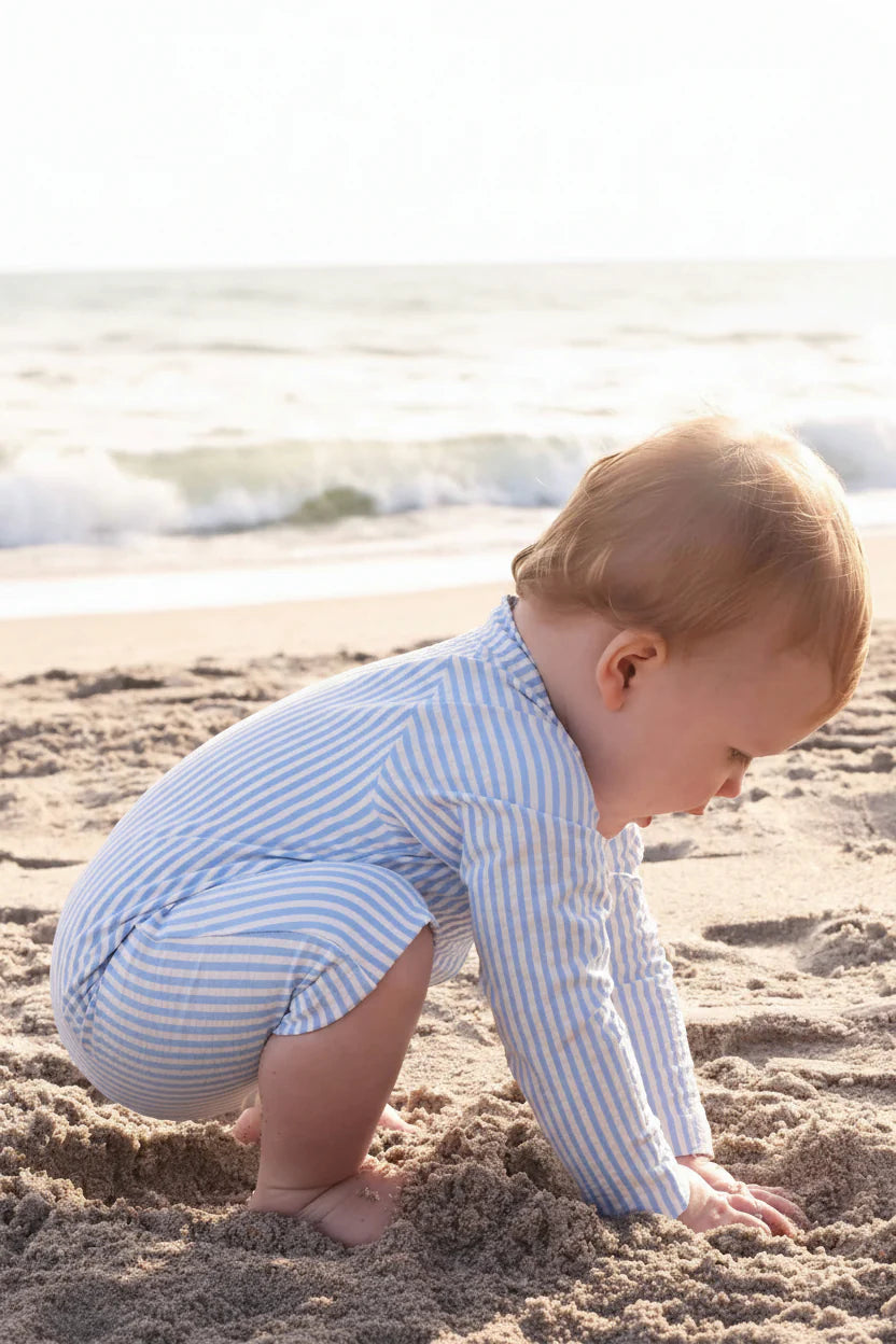 Caden Lane Blue | Seersucker Long Sleeve Rash Guard Swim Romper Shortie