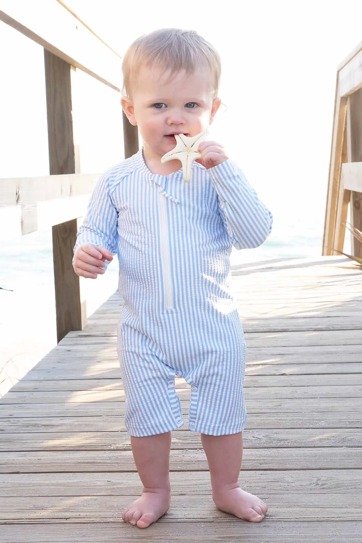 Caden Lane Blue | Seersucker Long Sleeve Rash Guard Swim Romper Shortie