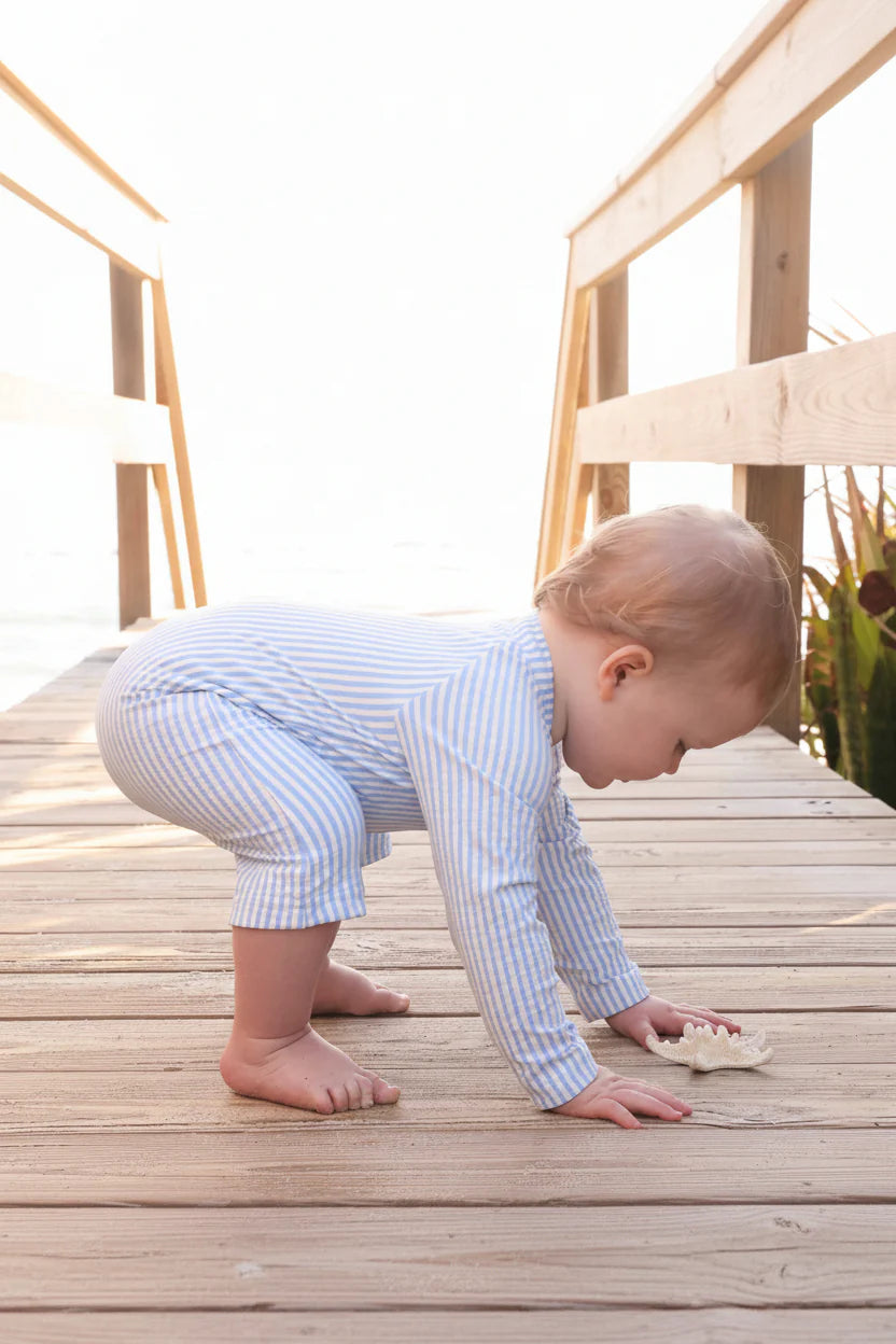 Caden Lane Blue | Seersucker Long Sleeve Rash Guard Swim Romper Shortie