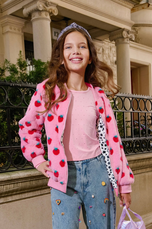 Lola + The Boys Strawberry | Fuzzy Bomber Jacket