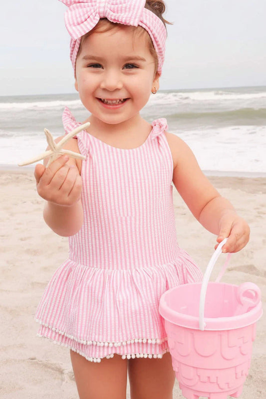 Caden Lane Dusty Pink | Seersucker Tiered Skirt with White Pom Trim