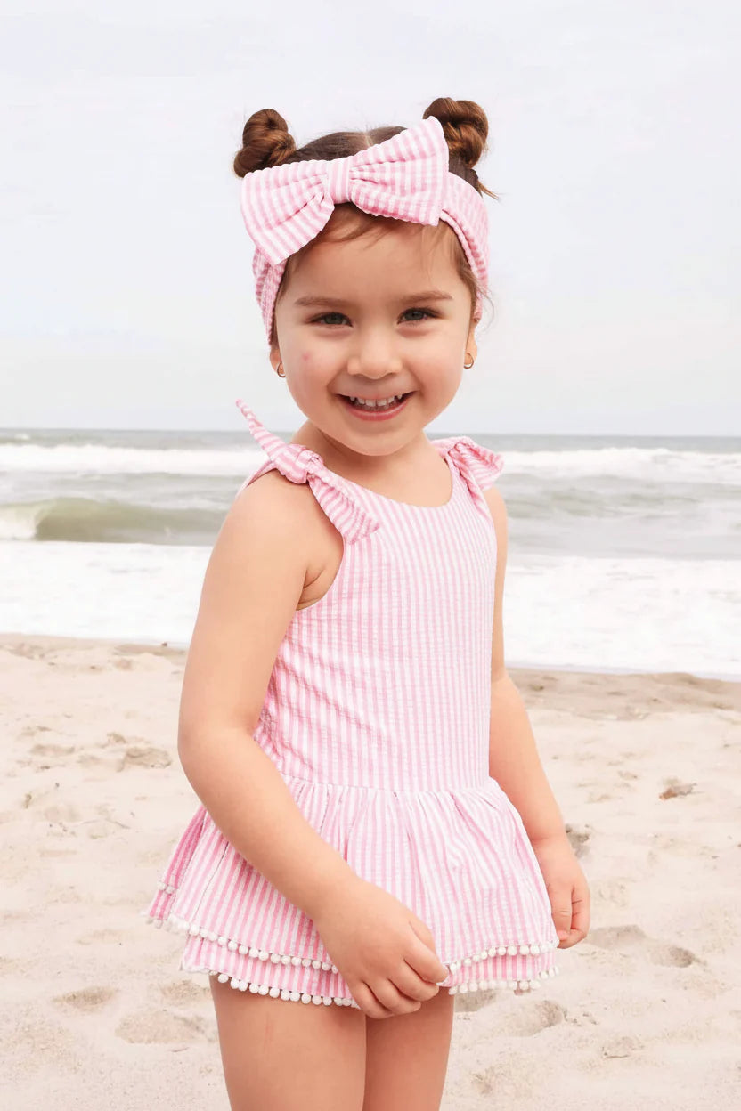 Caden Lane Dusty Pink | Seersucker Tiered Skirt with White Pom Trim