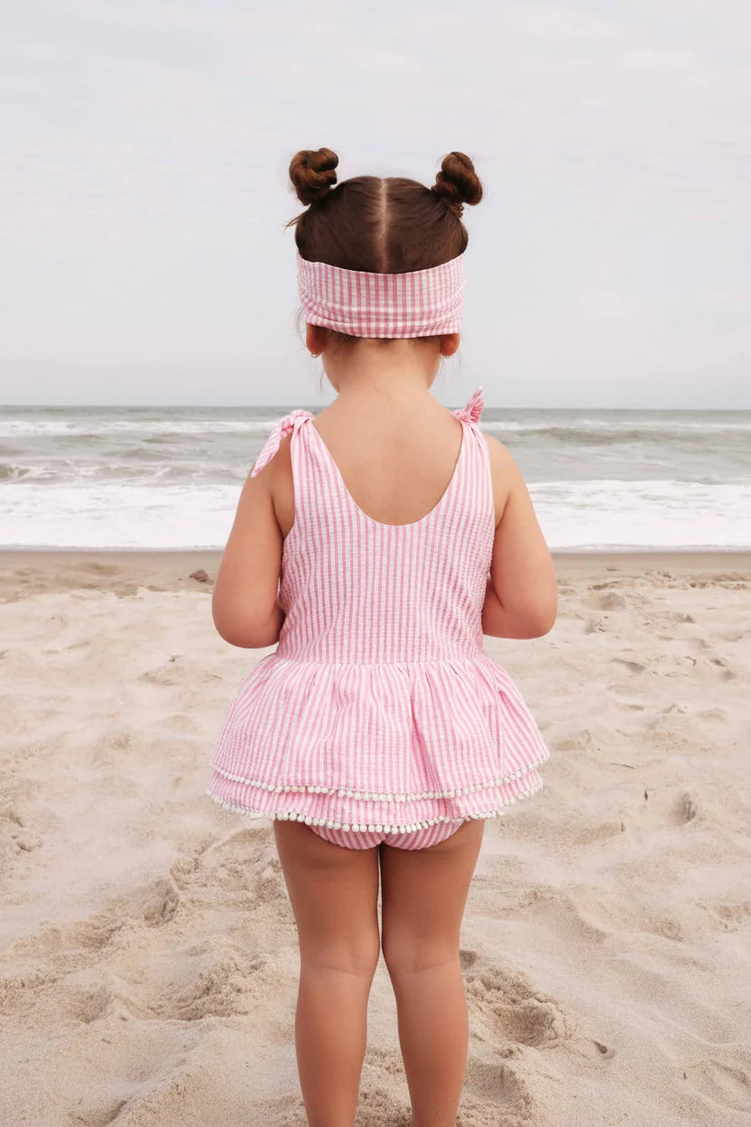 Caden Lane Dusty Pink | Seersucker Tiered Skirt with White Pom Trim