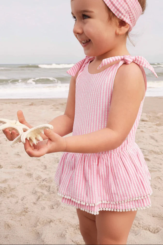 Caden Lane Dusty Pink | Seersucker Tiered Skirt with White Pom Trim