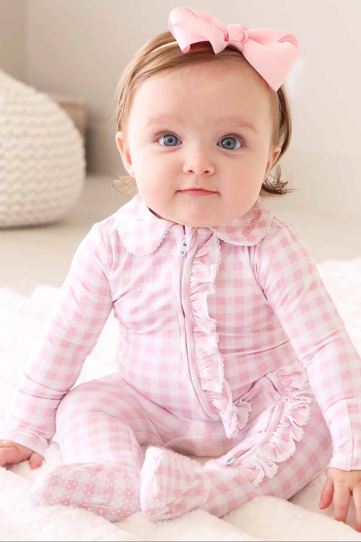 Caden Lane Rosy | Gingham Peter Pan Collar Ruffle Zipper Footie